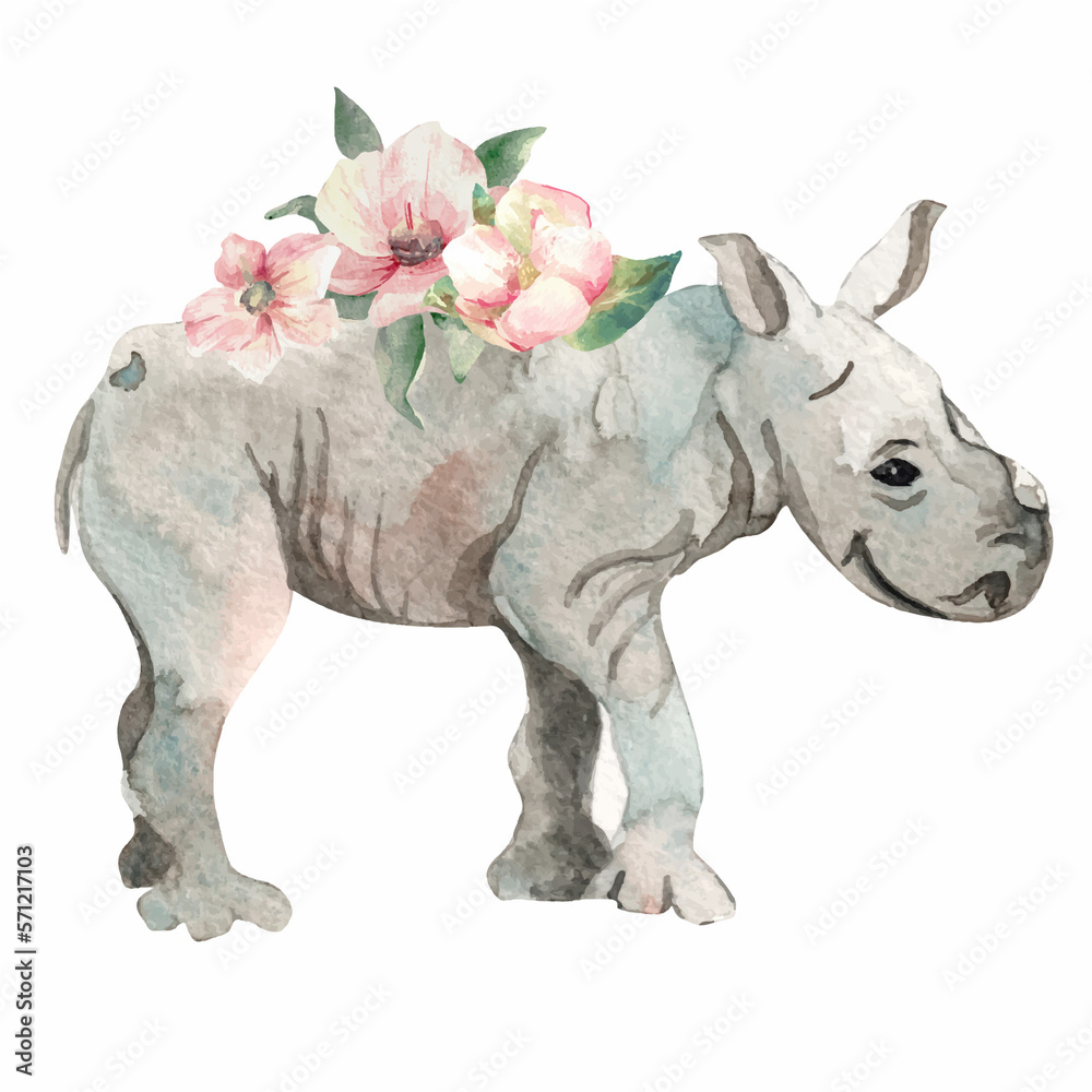 Watercolor animals with bouquet of flowers isolated on white