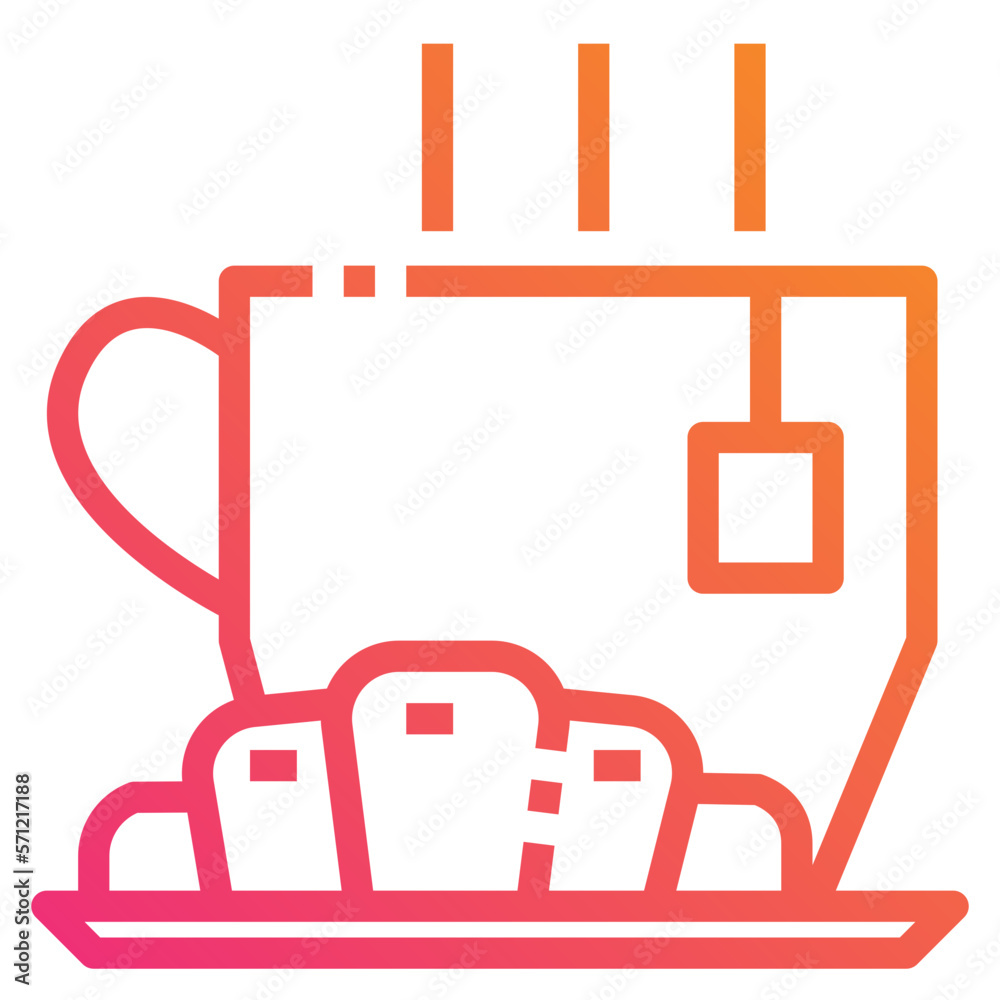 Hot tea with croissant. Gradient icon. Food and drink vector element