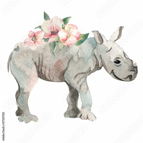 Watercolor animals with bouquet of flowers isolated on white