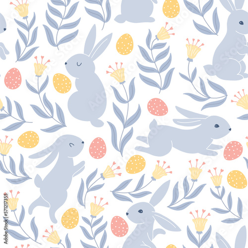 Vintage seamless pattern for Easter with hares rabbits and dotted Easter eggs. Folk style with fantastic flowers. Cartoon cute animals in hand-drawn doodle style. Limited pastel palette. Vector.