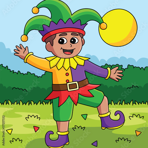 Mardi Gras Jester Boy Colored Cartoon Illustration