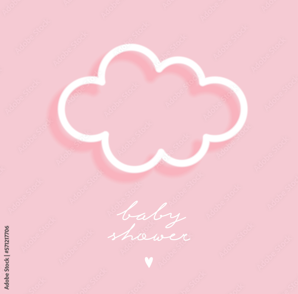 Cute Baby Shower Vector Illustration with White Glowing Neon Cloud on a Pastel Pink Background. Modern Baby Girl Party Print with Big Fluffy Cloud ideal for Card, Invitation, Banner.