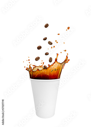 A white paper cup filled with espresso coffee. Coffee splash with flying coffee beans. On a white background. Isolated. Takeaway coffee. eco paper tableware.