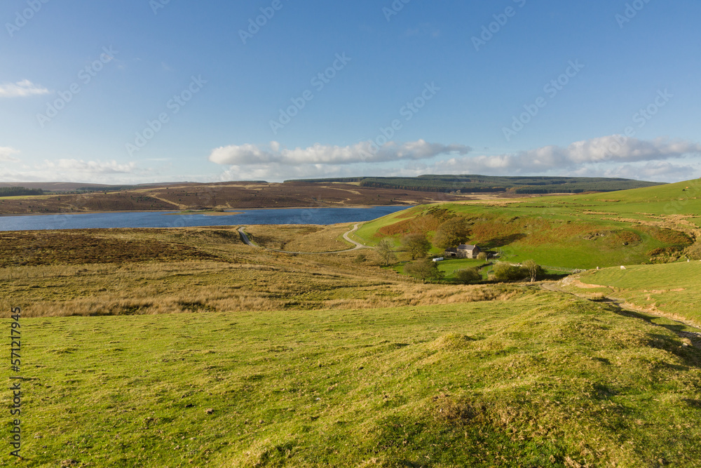 Llyn Brenig reservoir and the surrounding landscape on the Denbigh moors in North Wales