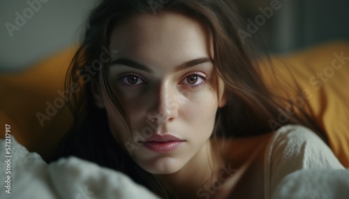 A beautiful woman close up in bed generative ai