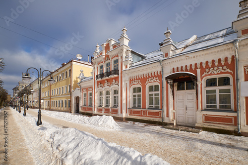 Tourist pedestrian Mayakovsky street with ancient buildings in Smolensk, Russia.