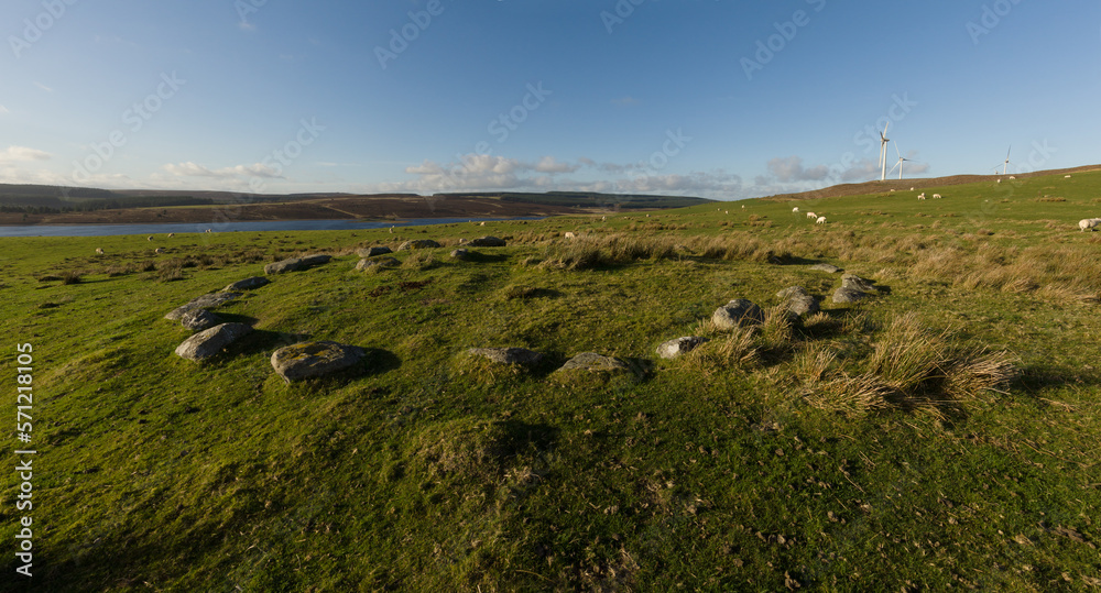 Fototapeta premium The remains of a Bronze Age burial and kerb cairn Brenig 8 dated to 2000 - 1500 BC and located above the eastern edge of Llyn Brenig reservoir in the Denbigh moors Wales