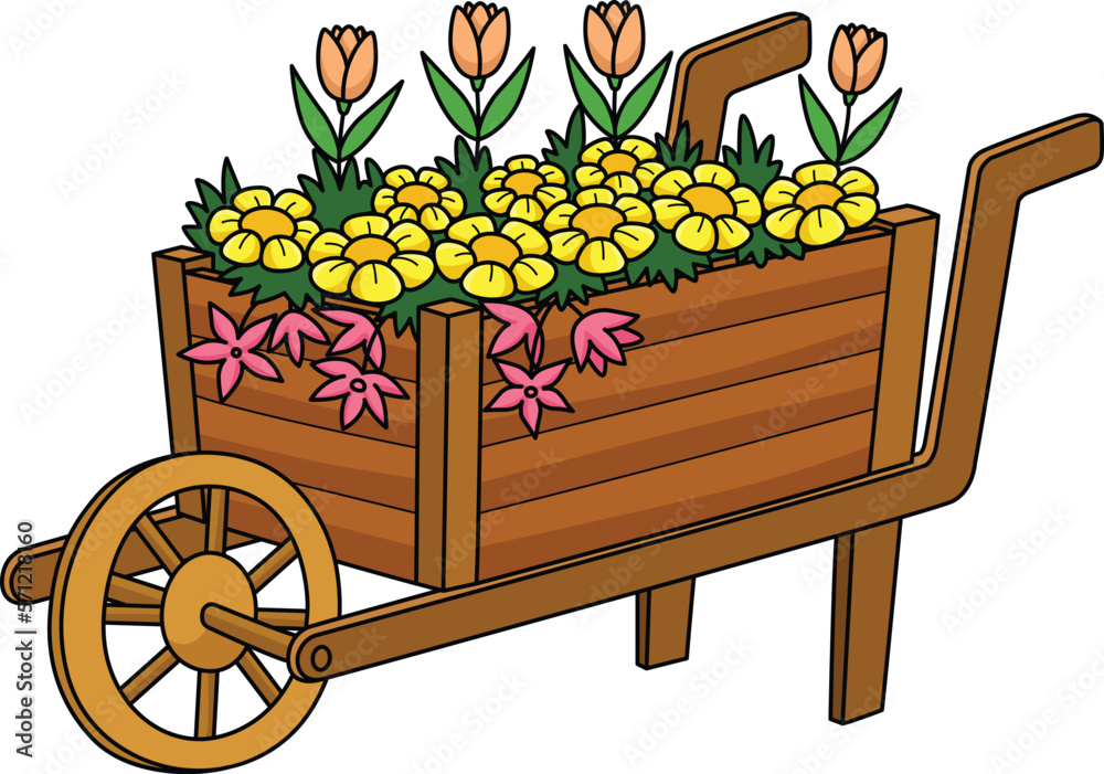 Wheelbarrow with Flowers Cartoon Colored Clipart 