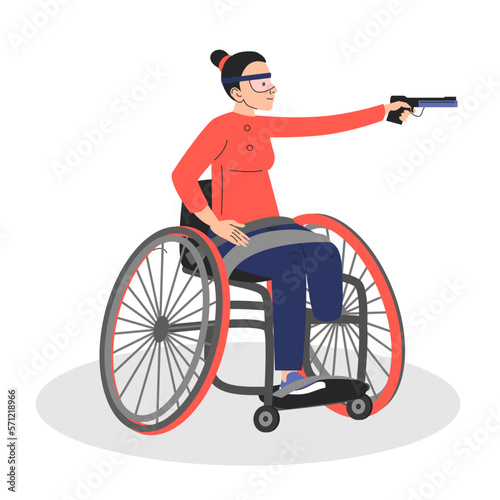 Female person in a wheelchair shooting vector isolated. Character with disability participating in paralympic games. Woman holding pistol.