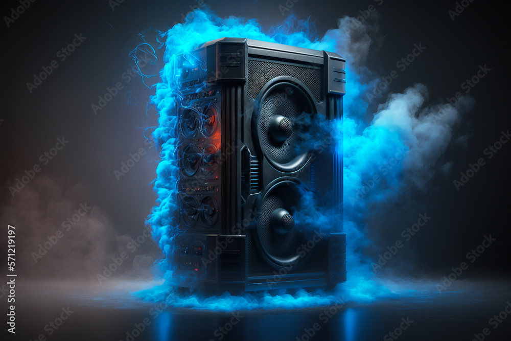 Music speakers and subwoofer blasting loud music, neon colorful glow for  advertisement or events Stock Illustration | Adobe Stock