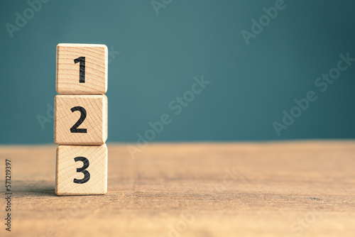 1, 2, and 3 order numbers stacked by wood cubes with copy space, priority, process, or instruction photo