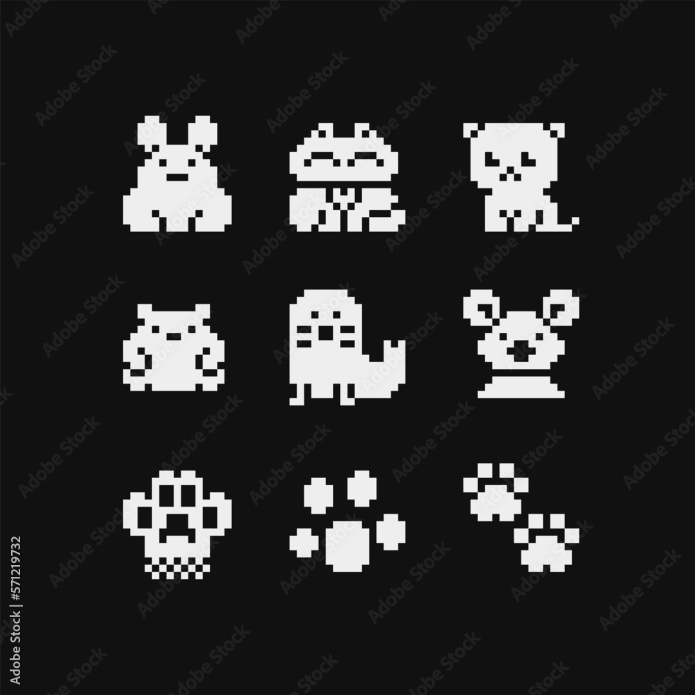Animals cute cats 1-bit pixel art icons set, cat characters heads and cat's paws. Logo pet shop, veterinary clinics. Stickers and embroidery design. Isolated vector illustration. 80s style. 