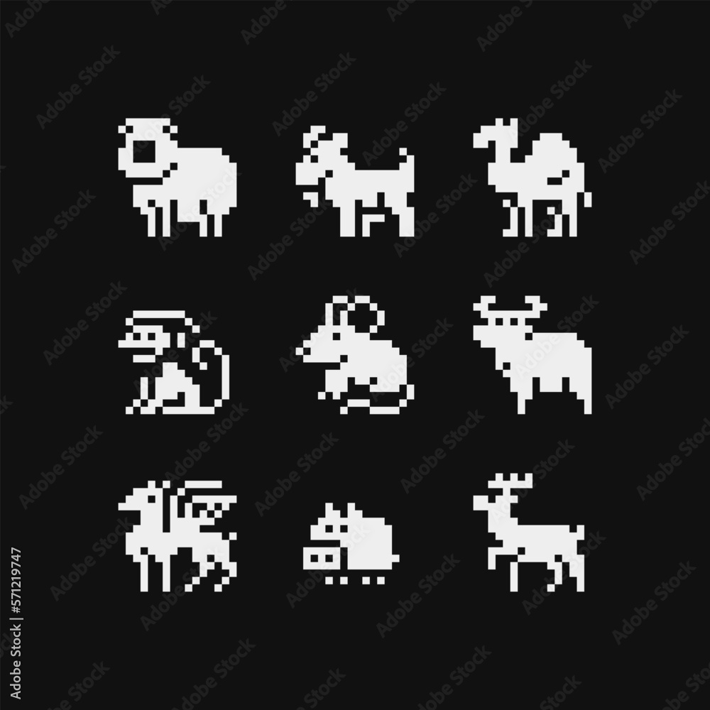 Animals pixel art icon set ram, goat, camel, monkey, pig and deer. Sticker, logo, embroidery design. Different types animals isolated vector illustration. Video game assets. Animals pixel art icon set ram, goat, camel, monkey, pig and deer. Sticker, logo, embroidery design. Different types animals isolated vector illustration. Video game assets.