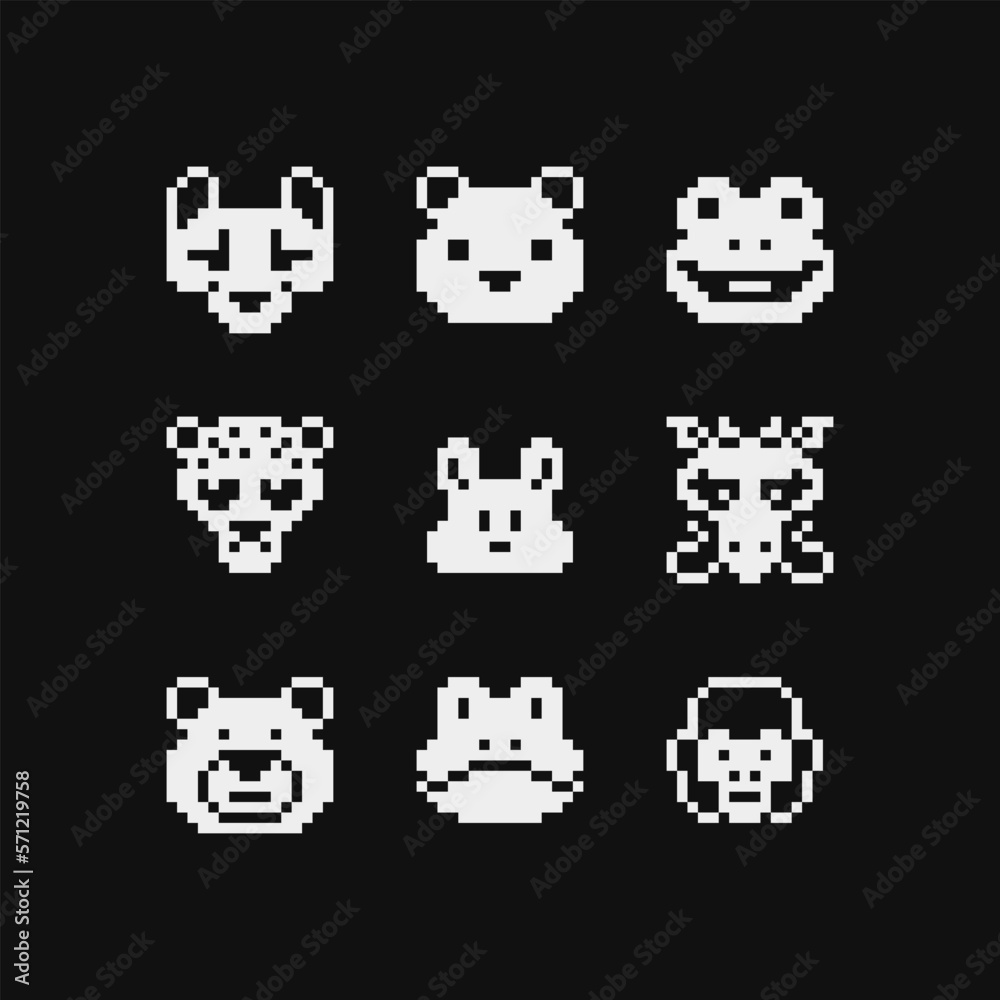 Animal head emoji, pixel art icon set, fox, frog, monkey, bull and