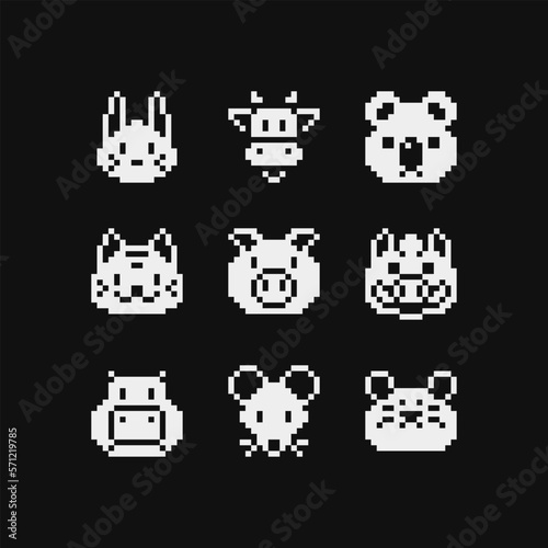 Animal head emoji, pixel art icon set hare, cow, koala, cat, pig, boar, mouse and hamster. Sticker, logo, embroidery design. Different types animals isolated vector illustration. Video game assets.