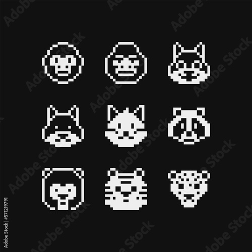 Animal head emoji, pixel art icon set monkey, gorilla, wolf, opossum, tiger and leopard. Sticker, logo, embroidery design. Different types animals isolated vector illustration. Video game assets.