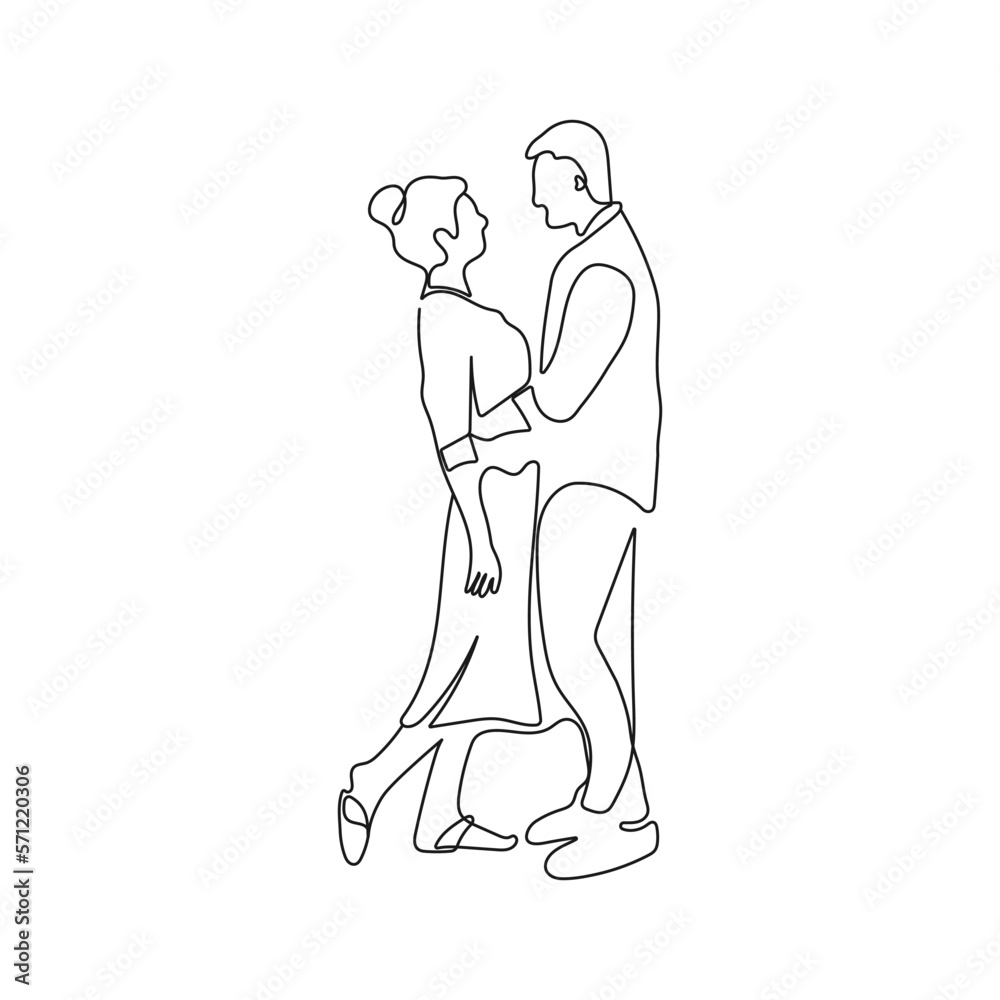 Romantic, hugging couple standing face to face. One line art. Man and woman in love want to kiss each other. Vector illustration