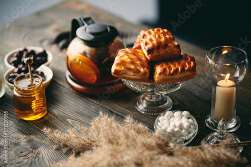 Homemade pastries on beautifully served table decorated in rustic style
