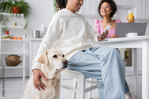 Labrador sitting near african american couple with devices in kitchen.