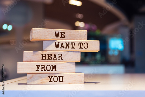 Tablou pe pânză Wooden blocks with words 'We want to hear from you'.
