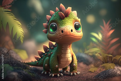 cute adorable baby dinosaur generative ai rendered in the style of children, friendly cartoon animation fantasy style © Kien