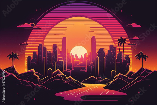 Synthwave retro city landscape with sun in the middle illustration vector style photo