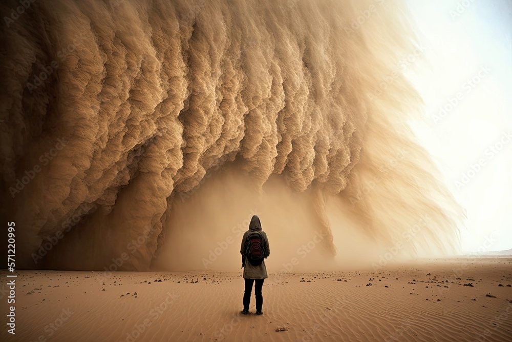 Fototapeta premium Woman standing in front of a sand tsunami. Generative AI