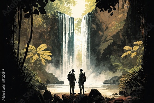 Two persons in front of a waterfall in a tropical forest. Generative AI
