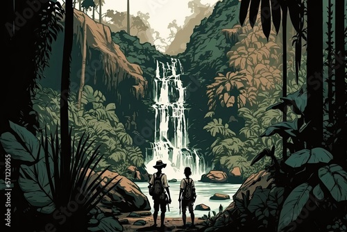 Two persons in front of a waterfall in a tropical forest. Generative AI