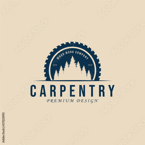 carpentry sawmill, wood work pine tree vintage logo vector illustration design