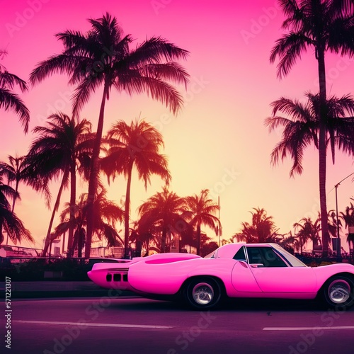 Retro Sport car rides among the palm trees against the backdrop of the sunset in the city. Pink background in the style of retro synthwave 80s., neons, retro city background - generative ai © unalcreative