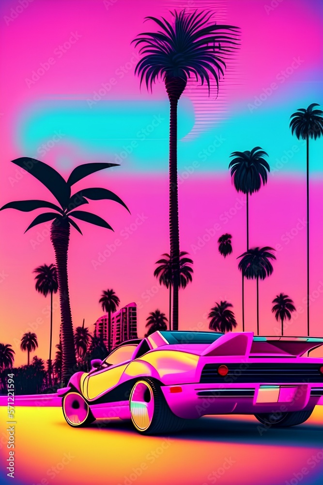 Retro Sport car rides among the palm trees against the backdrop of the sunset in the city. Pink background in the style of retro synthwave 80s., neons, retro city background - generative ai