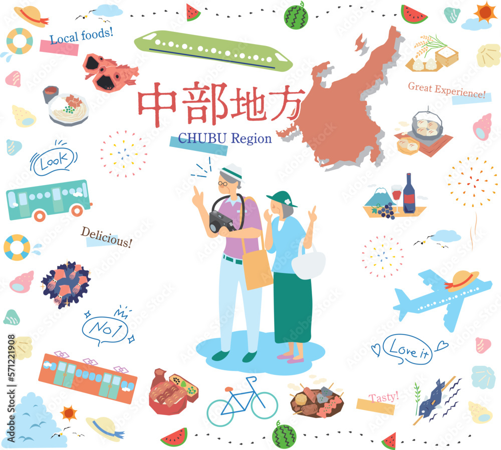 Fototapeta premium 日本の中部地方の夏のグルメ観光を楽しむシニア夫婦、アイコンのセット(フラット)