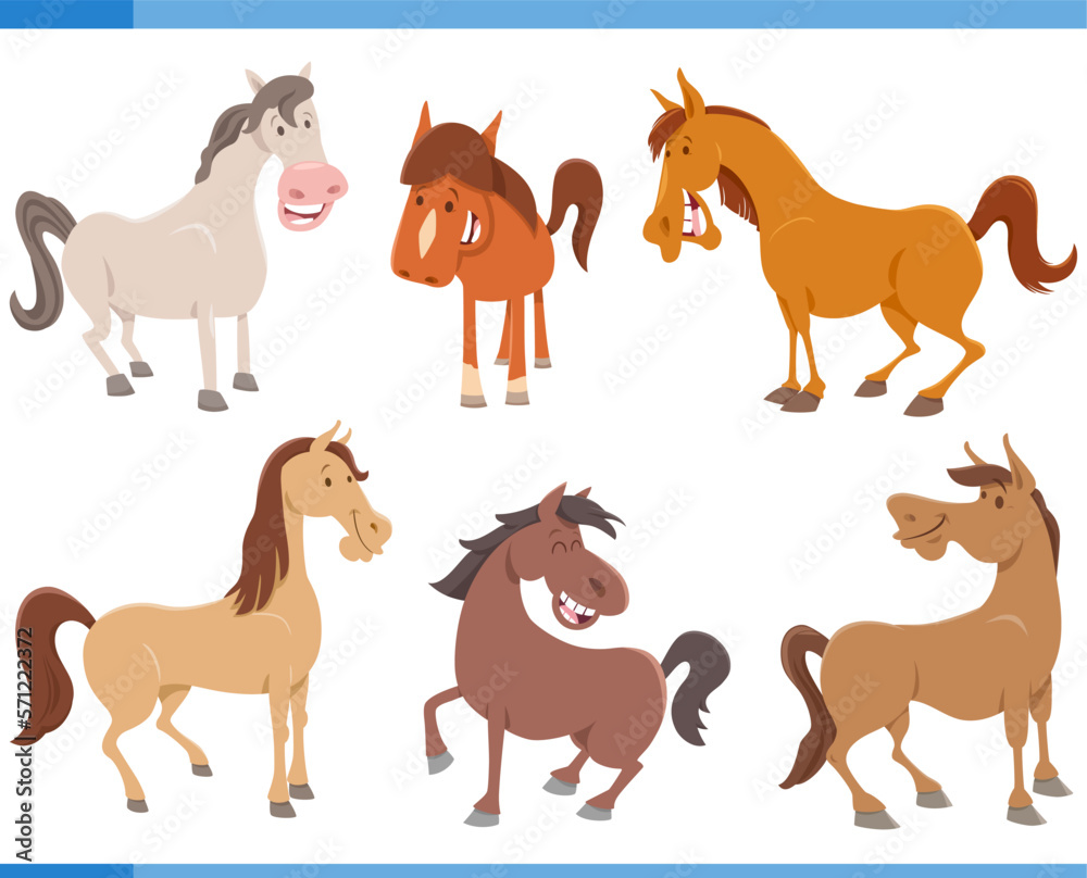 cartoon funny horses farm animal characters set