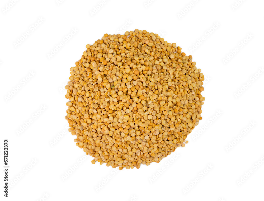 Yellow split peas isolated on white background. Top view. Selective focus. Yellow split peas isolated on white background. Top view. Selective focus.