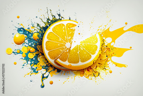 surreal Lemon isolated on a white background, generative ai paint splatter explosion, yellow graffiti lemon illustration