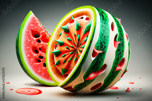 Abstract and surreal hyper-realistic illustration of a isolated watermelon with massive spikes slice on a bright background, vector art, generative AI, eye candy photo