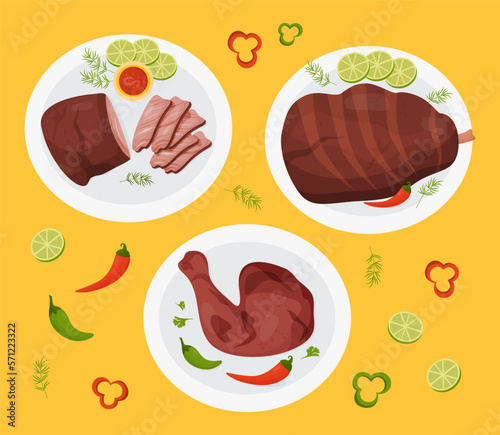 Mexican popular barbecue meat food. Fried ahiote chicken, grilled beef and fried pork leg with chili and lime slice. View from above. Dishes isolated vector illustrations of latin american cuisine.