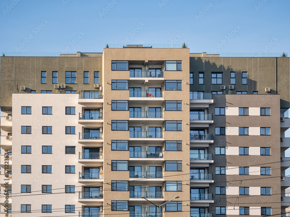 Close up detail with a new built apartment building in Bucharest, Romania