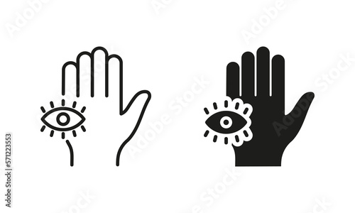 Mystic Hand Palm and All Seeing Eye Silhouette and Line Icon Set. Magic Providence Fatima Pictogram. Hamsa Egypt Esoteric Occult Amulet Icon. Khamsa Conspiracy. Editable Stroke. Vector Illustration