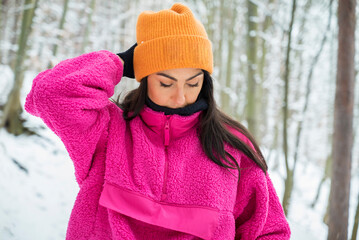 Leinwandbilder Rosa Young Woman in the Snowy Winter Mountain .Vitosha Mountain ,Bulgaria   © boryanam