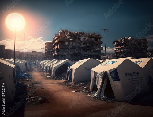 Refugee camp for homeless people after natural disasters or war, refugee tent city among building ruins by earthquake, temporary emergency shelter for disadvantaged people, generative AI photo