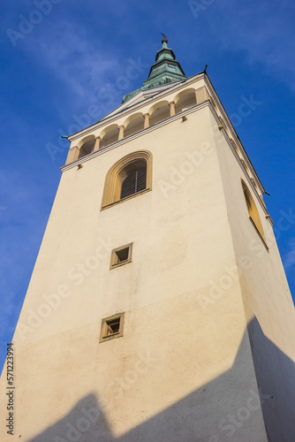 Tower of the historic cathedral in the center of Zilina, Slovakia