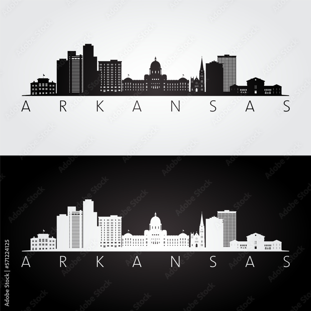 Arkansas state skyline and landmarks silhouette, black and white design. Vector illustration.