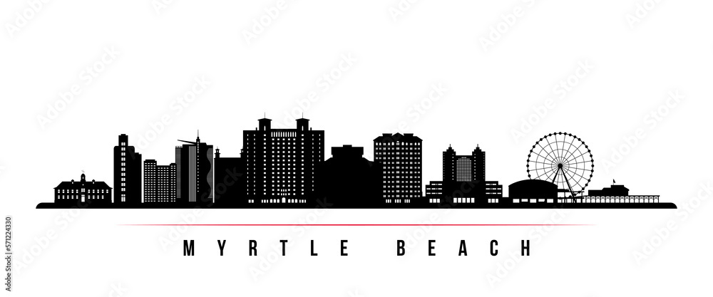 Myrtle Beach skyline horizontal banner. Black and white silhouette of Myrtle Beach, South Carolina. Vector template for your design.