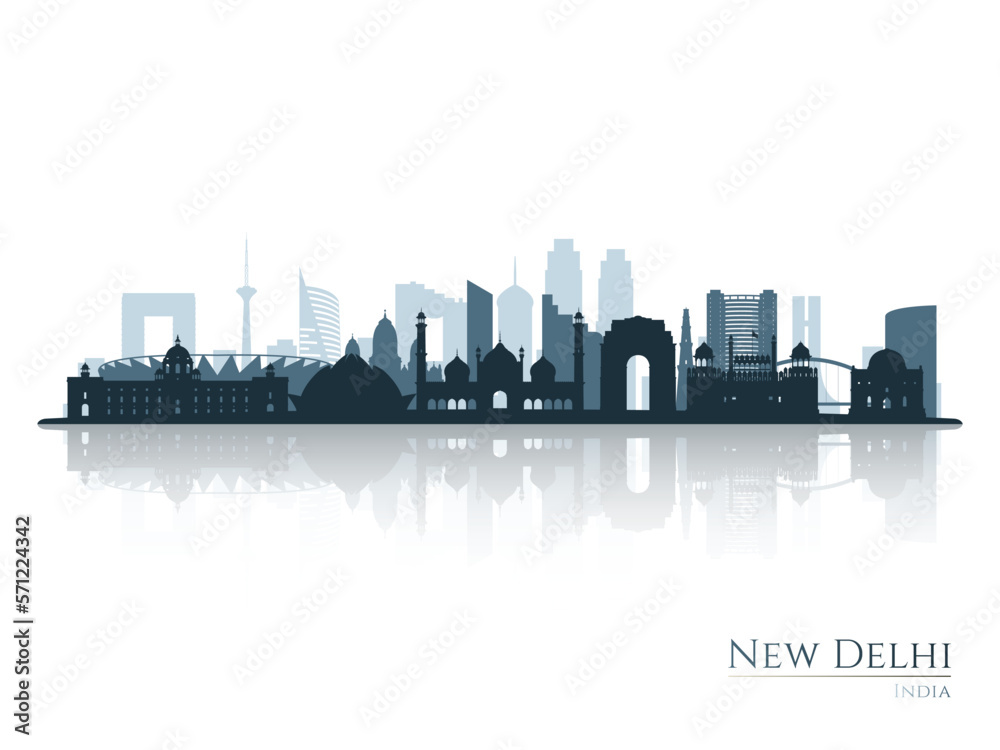 New Delhi skyline silhouette with reflection. Landscape New Delhi, India. Vector illustration.