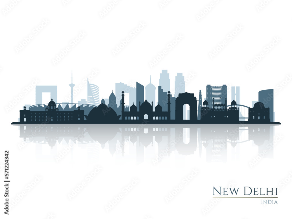 Naklejka premium New Delhi skyline silhouette with reflection. Landscape New Delhi, India. Vector illustration.