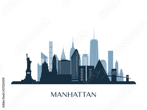 Manhattan skyline, monochrome silhouette. NYC skyline. Vector illustration.