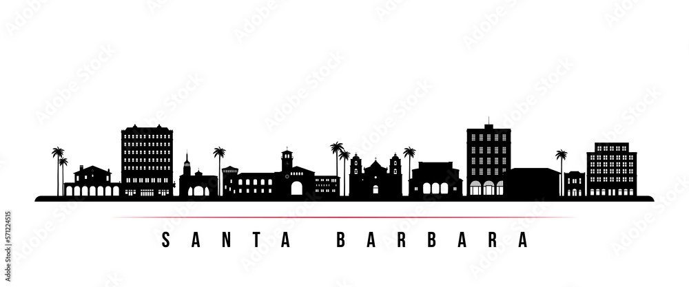 Santa Barbara skyline horizontal banner. Black and white silhouette of Santa Barbara, California. Vector template for your design. - obrazy, fototapety, plakaty 