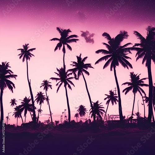 Night landscape with palm trees, against the backdrop of a neon sunset, stars. Silhouette coconut palm trees on beach at sunset.  Space futuristic landscape. Neon palm tree - generative ai © unalcreative
